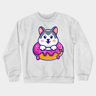 Cute baby husky with doughnut cartoon Crewneck Sweatshirt